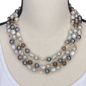 Women's 3-Strand Necklace Beads w/Varied Shades of Gray 15 Inches